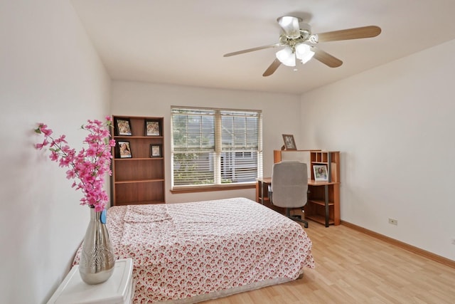 bedroom featuring ceiling fan and light wood-type flooring