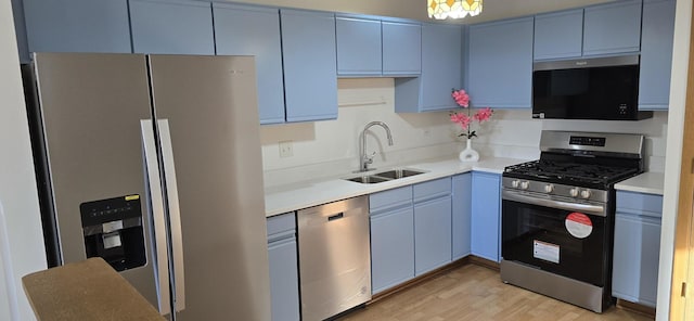 kitchen with sink, blue cabinetry, stainless steel appliances, and light wood-type flooring