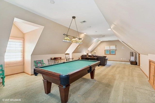 game room with light carpet, pool table, lofted ceiling, and a healthy amount of sunlight