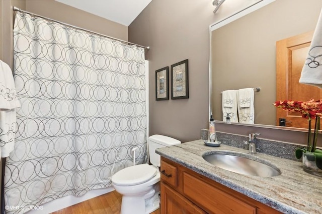 bathroom with vanity, hardwood / wood-style floors, and toilet