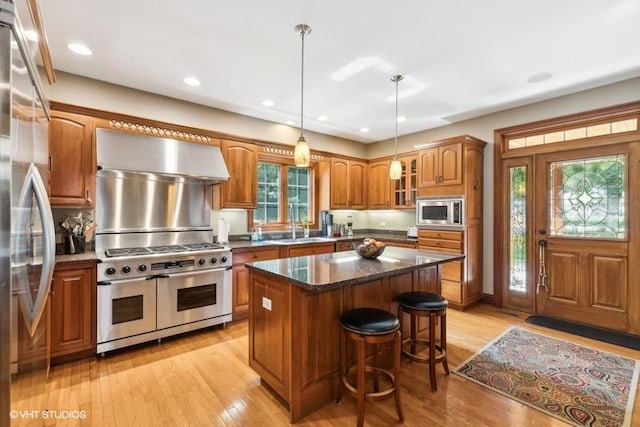 kitchen featuring stainless steel appliances, a center island, extractor fan, a wealth of natural light, and light wood-type flooring