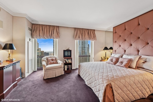 carpeted bedroom featuring crown molding and multiple windows