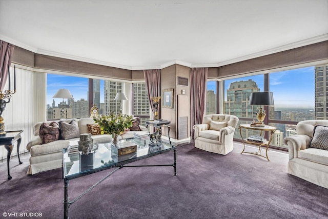 carpeted living room with crown molding and a wealth of natural light