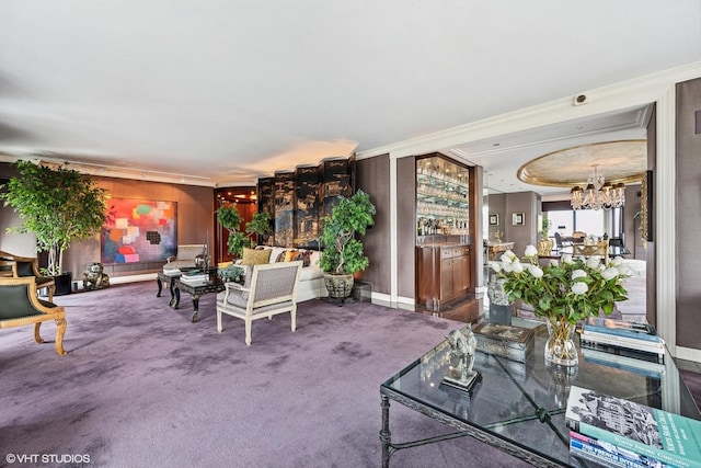 living room featuring carpet, a chandelier, and crown molding