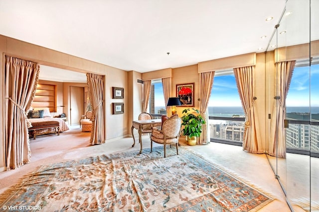 living area featuring carpet floors, a water view, and plenty of natural light