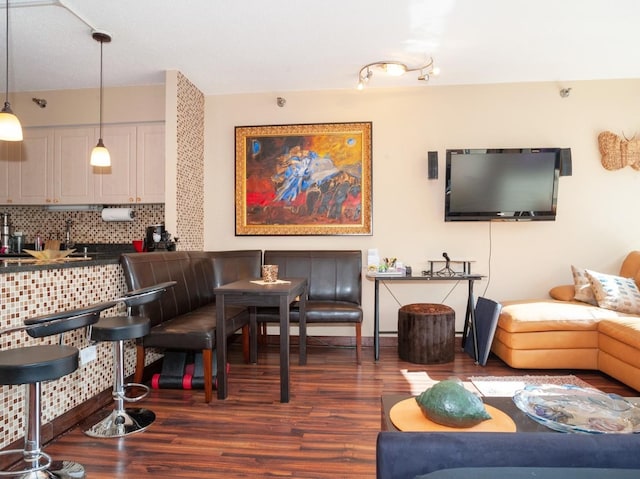 living room with dark hardwood / wood-style flooring