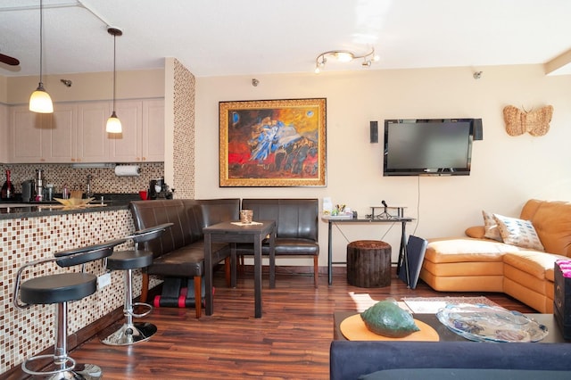 living room with dark hardwood / wood-style flooring