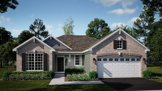 view of front of property featuring driveway, brick siding, roof with shingles, and an attached garage