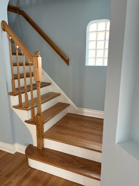 staircase with wood-type flooring