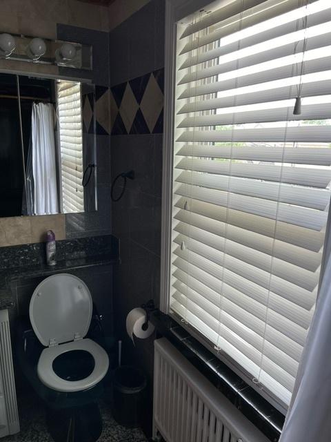 bathroom with radiator, tile walls, and toilet