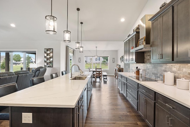 kitchen featuring black electric cooktop, dark wood-style flooring, a sink, wall chimney exhaust hood, and tasteful backsplash