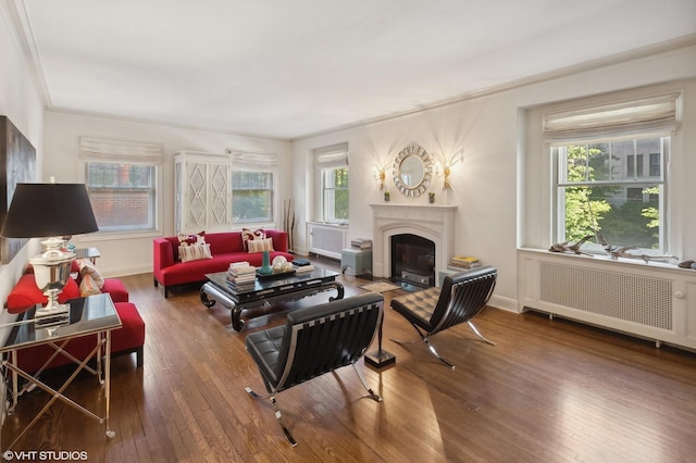 living room with dark wood-type flooring, ornamental molding, and radiator heating unit