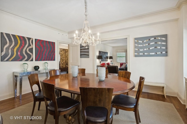 dining area with a chandelier, dark hardwood / wood-style flooring, and ornamental molding