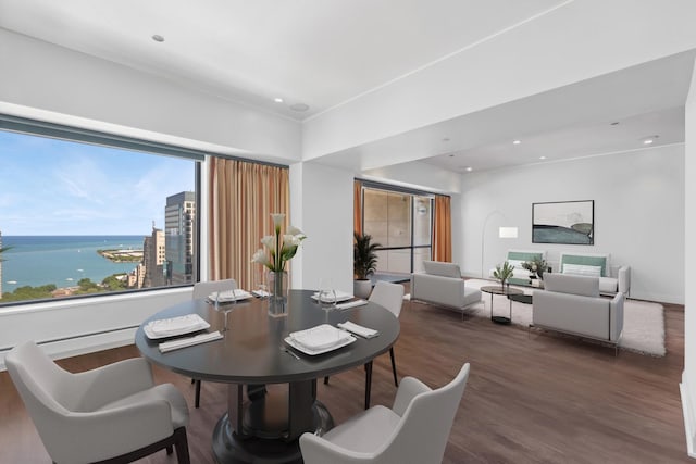 dining space with a water view and dark hardwood / wood-style floors