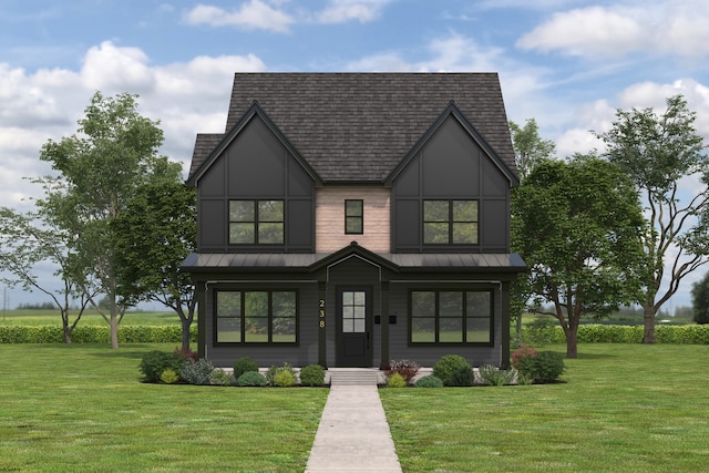 modern inspired farmhouse featuring a front lawn