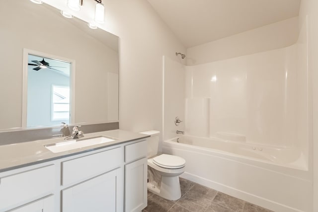 full bath with washtub / shower combination, vanity, and toilet