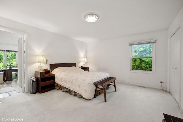 bedroom featuring multiple windows, light colored carpet, and a closet