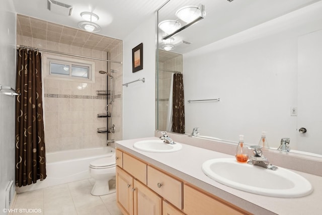 full bathroom with toilet, vanity, shower / bathtub combination with curtain, and tile patterned flooring