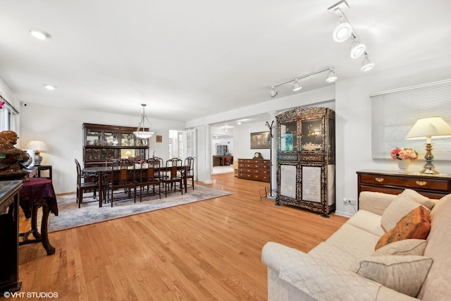 living room with rail lighting and light hardwood / wood-style floors