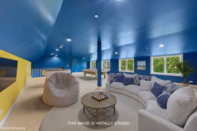 carpeted living room featuring lofted ceiling and billiards