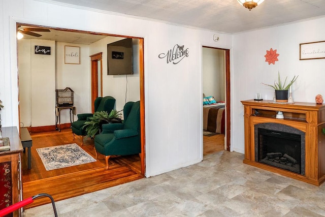 living room featuring ceiling fan