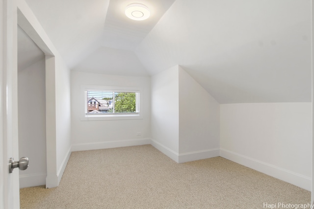 additional living space featuring light carpet and vaulted ceiling