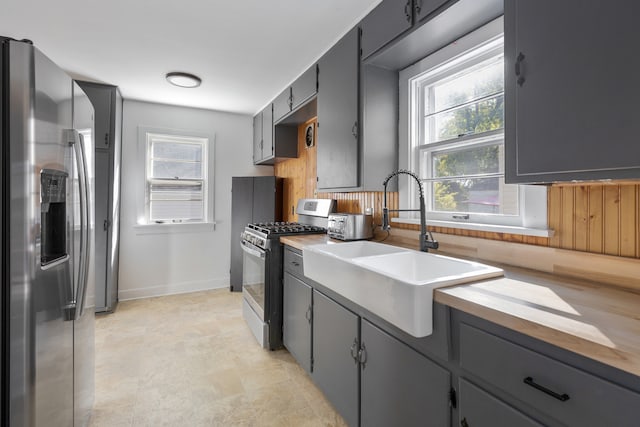 kitchen featuring wood walls, appliances with stainless steel finishes, sink, butcher block counters, and gray cabinets