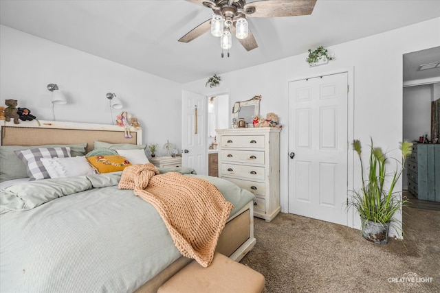 carpeted bedroom with ceiling fan