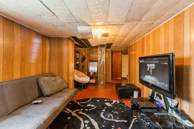 living room featuring wood walls