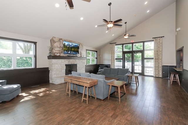 living room with dark hardwood / wood-style floors, a healthy amount of sunlight, and a fireplace