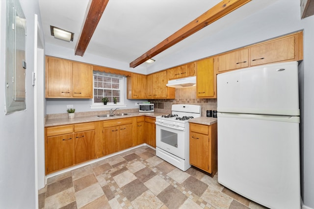 kitchen with decorative backsplash, white appliances, beamed ceiling, sink, and light tile patterned floors