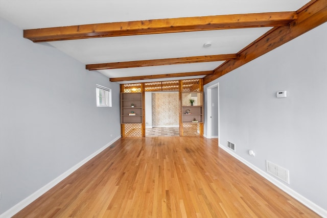 unfurnished living room featuring beamed ceiling and light hardwood / wood-style floors