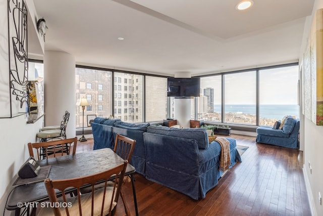 living room with dark hardwood / wood-style floors, a water view, and a wall of windows