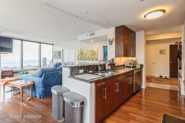 kitchen with hardwood / wood-style flooring, dark stone countertops, sink, and plenty of natural light