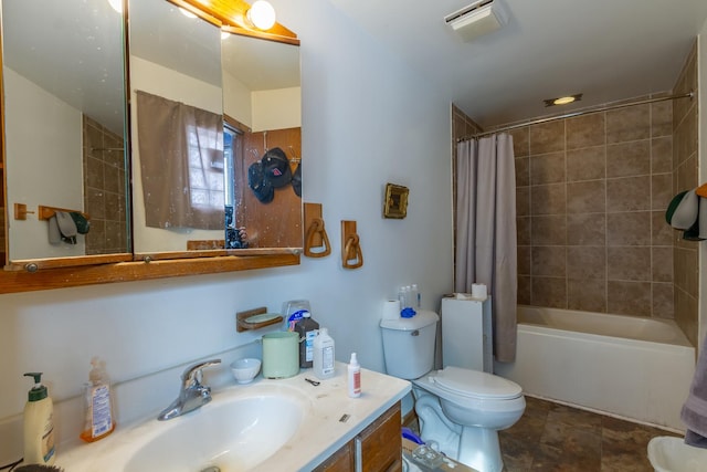 full bath with toilet, shower / bath combo, and vanity