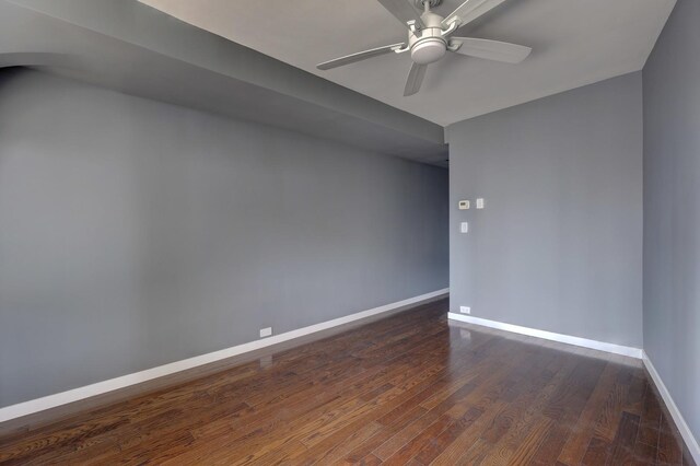 bedroom featuring access to exterior, ceiling fan, and dark hardwood / wood-style flooring