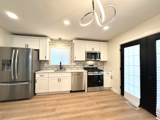 kitchen featuring backsplash, sink, light hardwood / wood-style flooring, white cabinetry, and stainless steel appliances