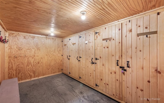 unfurnished room featuring wood walls, wooden ceiling, and dark hardwood / wood-style floors