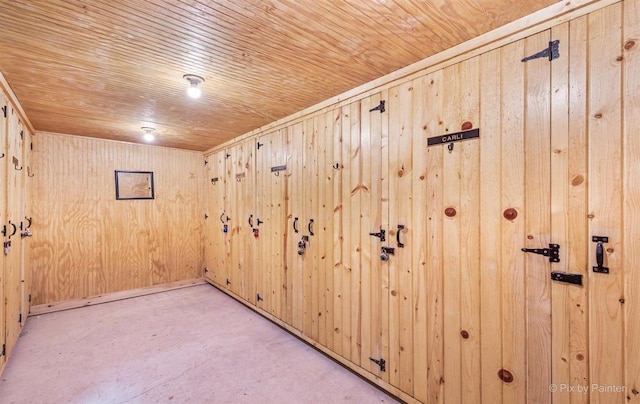 interior space with wood ceiling and wooden walls