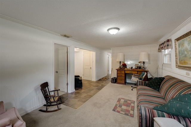 living room with ornamental molding, light carpet, and a textured ceiling