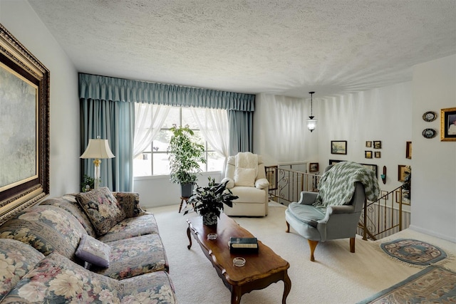 carpeted living room with a textured ceiling