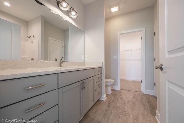 bathroom with a shower, vanity, wood-type flooring, and toilet