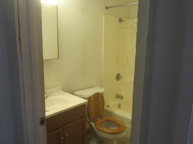 full bathroom featuring vanity, toilet, and washtub / shower combination