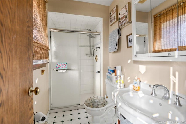 bathroom featuring sink, a shower with door, and toilet