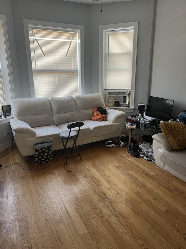 living room featuring cooling unit and light hardwood / wood-style flooring