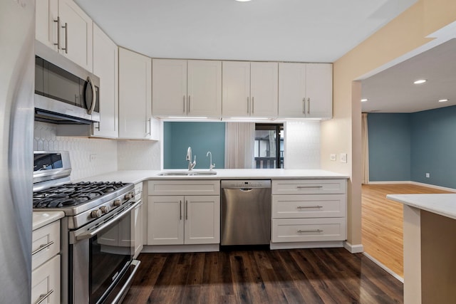 kitchen featuring stainless steel appliances, sink, white cabinets, and dark hardwood / wood-style flooring