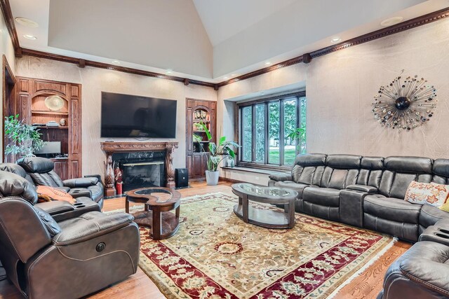 living room with a fireplace, hardwood / wood-style floors, and high vaulted ceiling