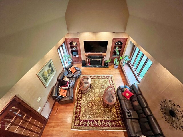 living room with hardwood / wood-style floors and high vaulted ceiling