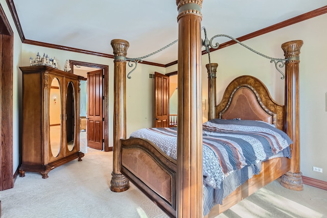 bedroom featuring light carpet and crown molding