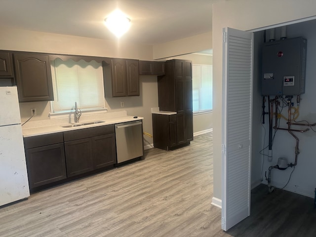 kitchen featuring water heater, white refrigerator, sink, stainless steel dishwasher, and light wood-type flooring